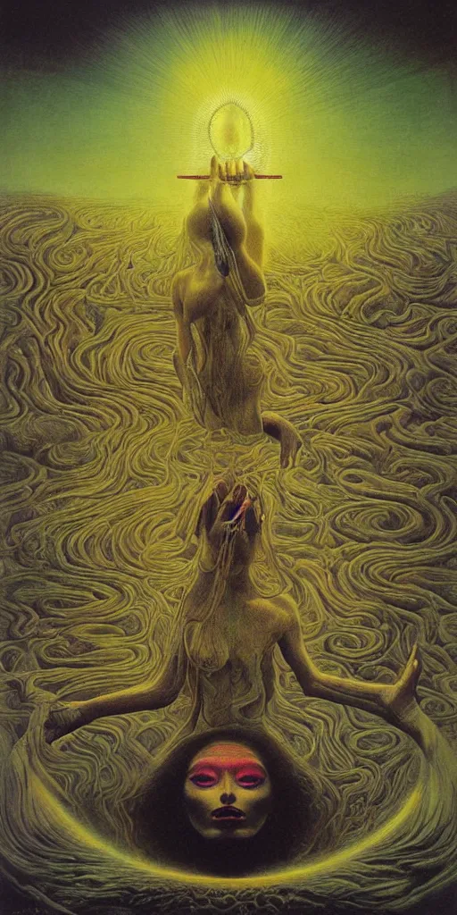 Prompt: mystic cult girl performing third eye ritual, expanding energy into waves into the ethos, epic surrealism oil paint by Ernst Fuchs, Zdzislaw Beksinski, John Howe highly detailed