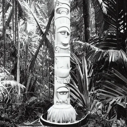 Image similar to lost film footage of a sacred surrealist totem in the middle of the tropical jungle / film still / cinematic / enhanced / 1 9 2 0 s / black and white / grain