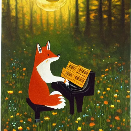 Image similar to A fox playing the piano in a meadow in the forest during the night under the moonlight, children’s book oil painting