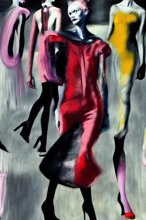 Image similar to crazy fashion catwalk, one model, crazy clothes, hauntingly surreal, highly detailed painting by francis bacon, edward hopper, adrian ghenie, gerhard richter, and james jean soft light 4 k,