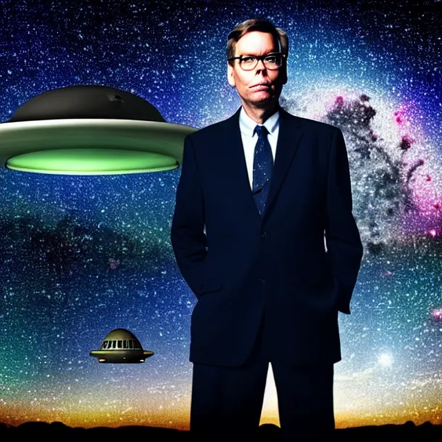 Prompt: a photo of bob lazar standing in area 5 1, alien spaceship and flying saucers inside hangar with open doors in background, starry night sky, cinematic lighting, detailed symmetrical face, photorealistic, highly detailed