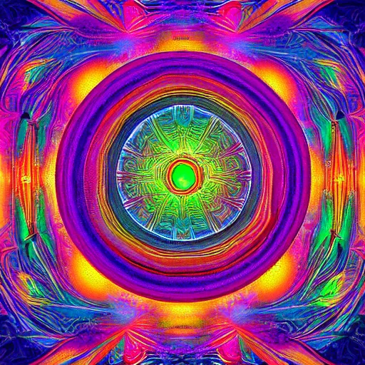 Image similar to dmt trip to another dimension, highly detailed, bright tones, abstract