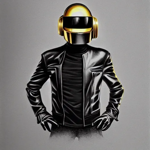 Prompt: portrait of Daft Punk by Greg Rutkowski, wearing a leather jacket, highly detailed portrait, digital painting, artstation, concept art, smooth, sharp foccus ilustration, Artstation HQ