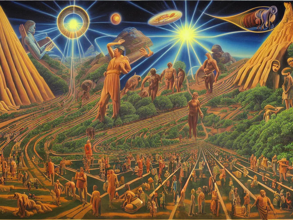 Prompt: human evolution path, spiritual science, divinity, utopian civilization, by david a. hardy, wpa, public works mural, socialist