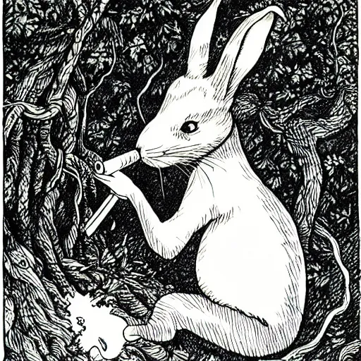 Image similar to a pen and ink drawing of a white rabbit smoking a cigarette while reclining in a deep dark tangled forest, a lingering smoke cloud, childrens book illustration, by edward gorey, by gustav dore