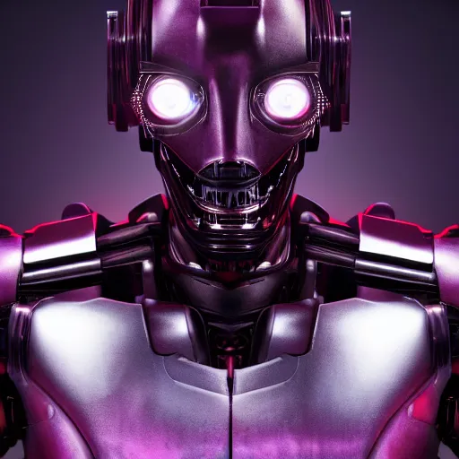 Image similar to photo of a menacing evil villain robot, glowing dark red eyes, metal teeth, purple tubes, striking, Terminator, Ultron, sci-fi, detailed face, 8k C-3PO