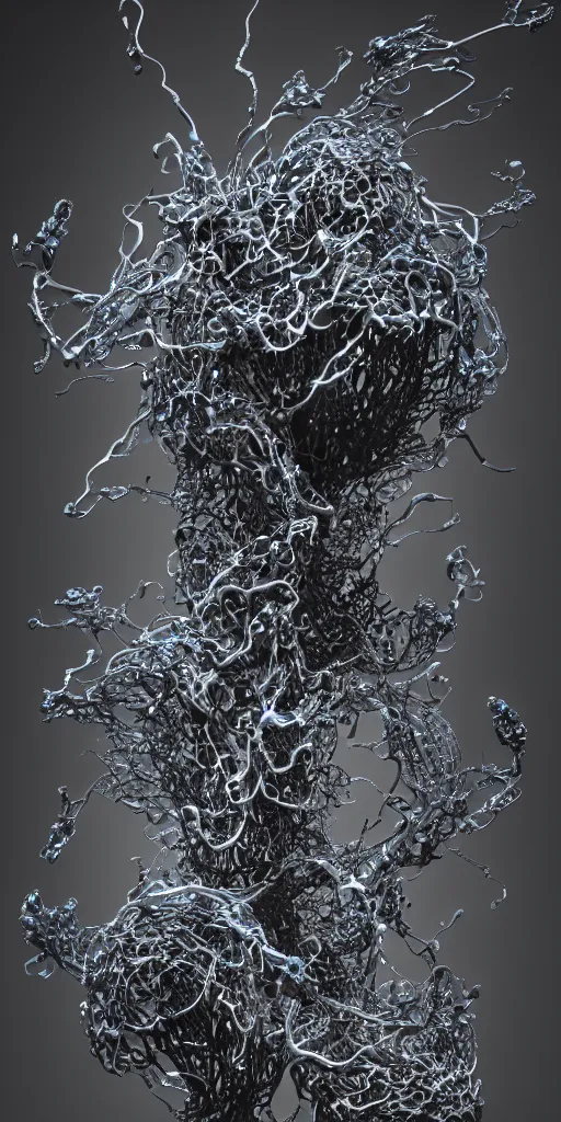 Prompt: a photorealistic render of an abstract organic sculpture made of melted metal and bioluminescent beings on a black background, c 4 d, by zhelong xu ouchh studio and ernst haeckel, wide angle, hyper realistic, plain black background, 8 k, volumetric lightning, octane render