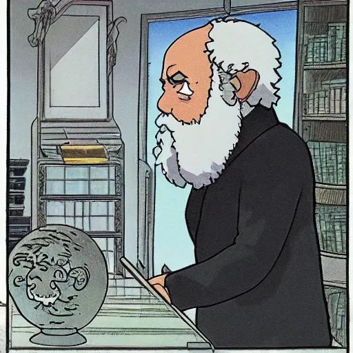 Prompt: Karl Marx pondering his orb, studio ghibli
