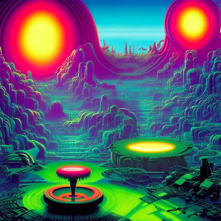 Image similar to strange mysterious creatures, infinite quantum portal, synthwave, bright neon colors, highly detailed, cinematic, panoramic, tim white, michael whelan, roger dean, bob eggleton, chris foss, vladimir kush, kubrick, kimura, isono