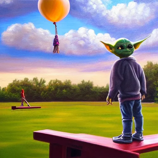 Image similar to eye - level view, shot from 5 0 feet distance, baby yoda plays on a seesaw at the city park. a balloon vender in the background. dramatic clouds, setting sun. golden hour, oil on canvas painting, detailed, depth, volume, chiaroscuro, quiet intensity, serene.