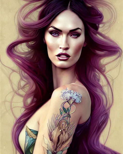 Image similar to new art nouveau portrait of megan fox in the style of anna dittmann and charlie bowater and loish. long windblown hair, very large, clear, expressive, and intelligent eyes. symmetrical, centered, ultrasharp focus, dramatic lighting, photorealistic digital matte painting, intricate ultra detailed background.