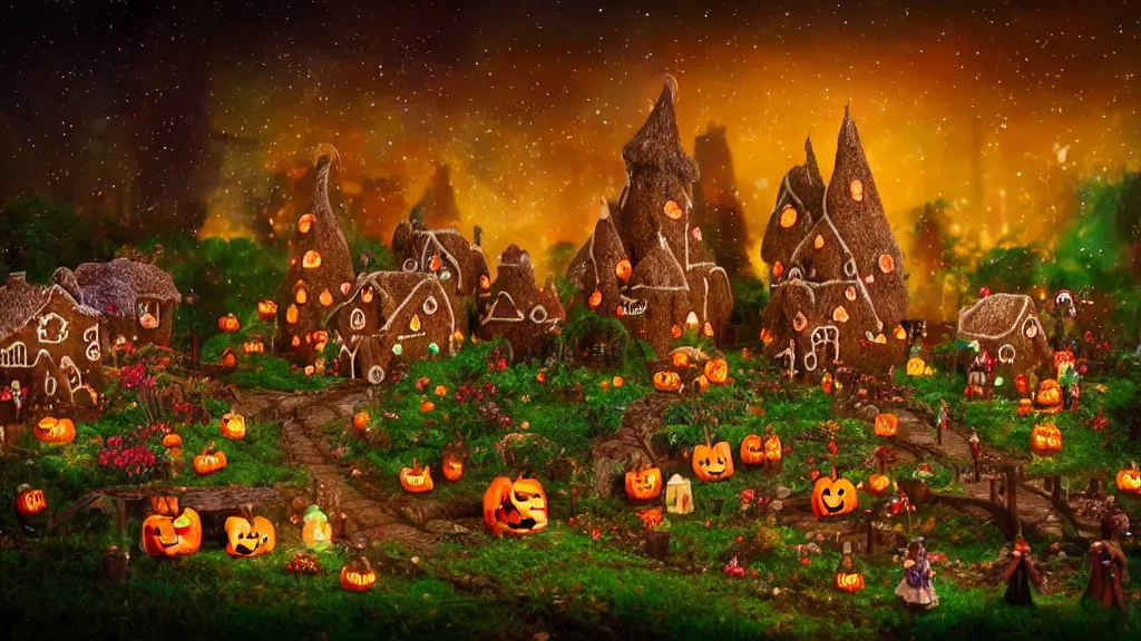 Prompt: gingerbread village, cinematic scene, studio lighting, colorful, fantasy, intricate, forest, fireflies, flowers, halloween, fairytale, hansel and gretel, background blur, bokeh ( visually stunning, matte painting, concept art, medium shot, trending on artstation )