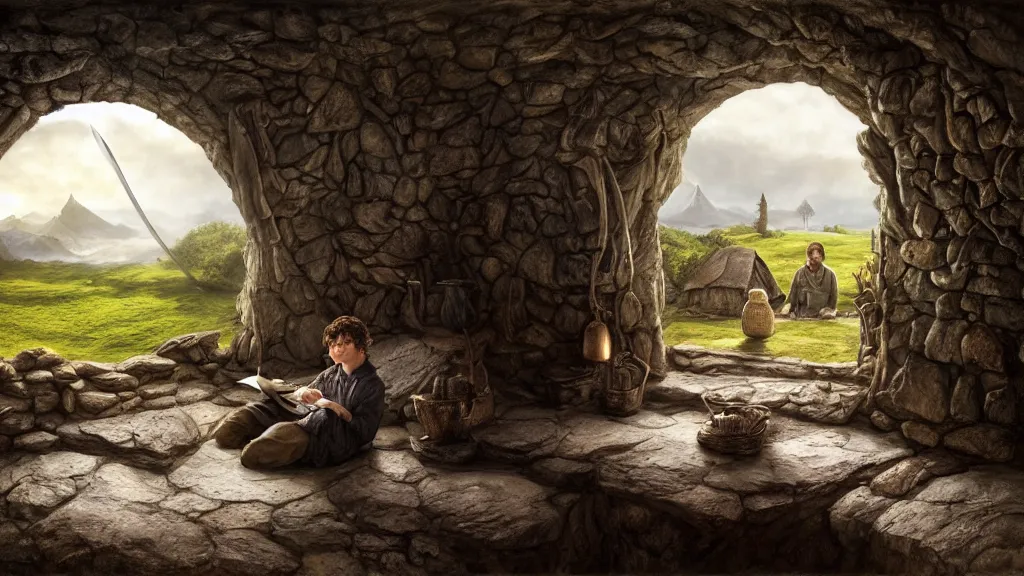 Image similar to frodo writing in his journal inside his hobbit hole bag end at the end of his journey, hobbiton visible through a window, by alan lee, michal karcz, smooth details, lord of the rings, game of thrones, smooth, detailed terrain, oil painting, trending artstation, concept art, fantasy matte painting, over the shoulder shot