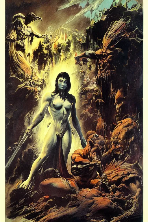 Image similar to Artwork by Frank Frazetta of the cinematic view of the Cenotaph of Ever-changing Blasphemy.