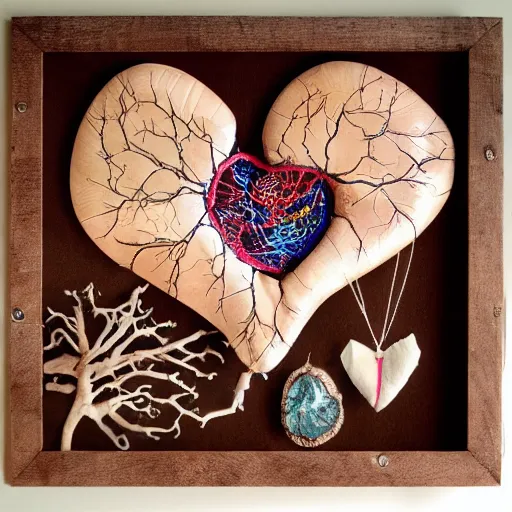 Prompt: human heart, anatomically correct, photocollage, pyrography, puppet, bejeweled, mixed media, frottage, happy accidents, in a symbolic and meaningful style