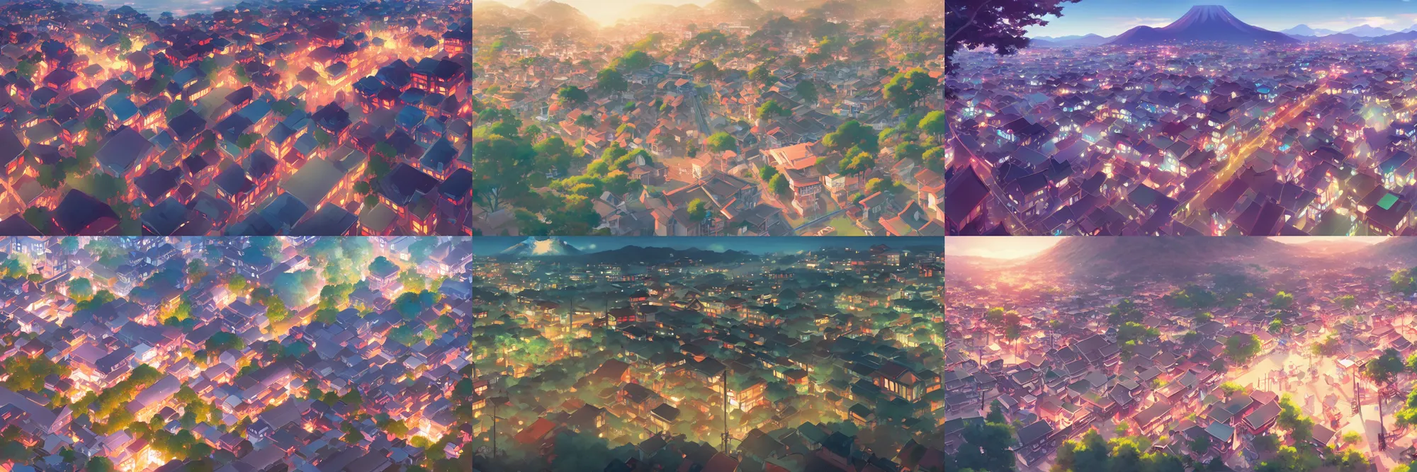 Prompt: panoramic shot of a beautiful small japanese town, incredible lighting, anime key visual, lois van baarle, ilya kuvshinov, rossdraws, artstation