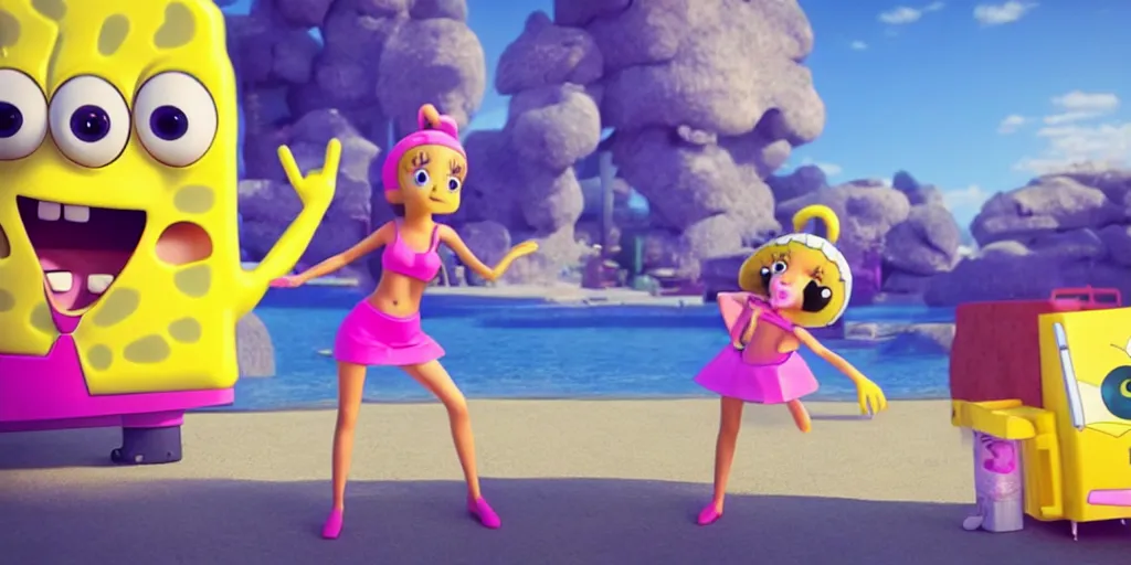 Image similar to “animated Ariana grande and SpongeBob hanging out. 4. Octane render, 4k, 8k, unreal 5, very detailed, hyper realism, trending on artstation.”