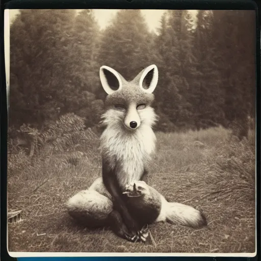 Prompt: old polaroid from 1 9 5 2 depicting an anthropomorphic fox fursuit, fursona, meditating on a clearing, sunny day