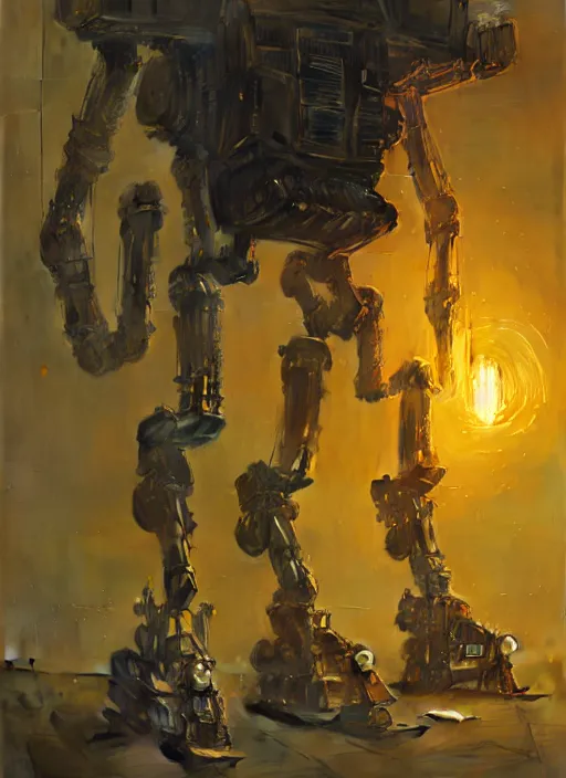 Image similar to human-sized strong intricate yellow pit droid, pancake short large head keetongu, cables, painterly humanoid mecha, by Greg Rutkowski