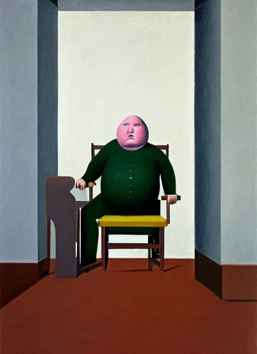 Image similar to fat man sitting on chair, sweat, fat, frustrated, art by gertrude abercrombie