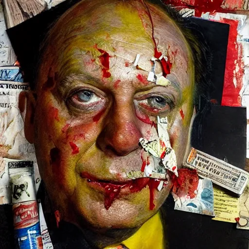 Prompt: hyperrealistic, photorealistic, mixed media oil painting of jack benny, magazine scraps, plaster, blood, oil, mustard, cigarettes, splatter, trending on artstation, award - winning painting, greg rutkowski, basquiat, ralph steadman, terry gilliam