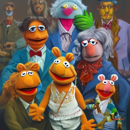 Image similar to muppet show, oil on canvas, surrealism, highly detailed, masterpiece, award - winning, artstationhd