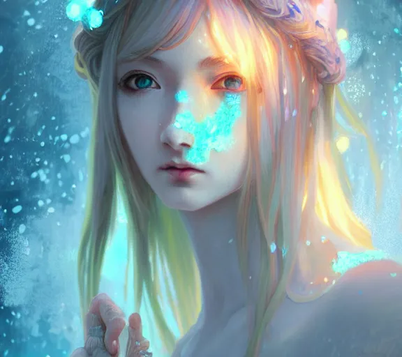 Prompt: beautiful ancient pastel frost witch, fire in eye, snow glow, pool party, highly detailed, digital painting, artstation, sharp focus, illustration, art by tan zi and ayanamikodon and alphonse mucha and wlop!!