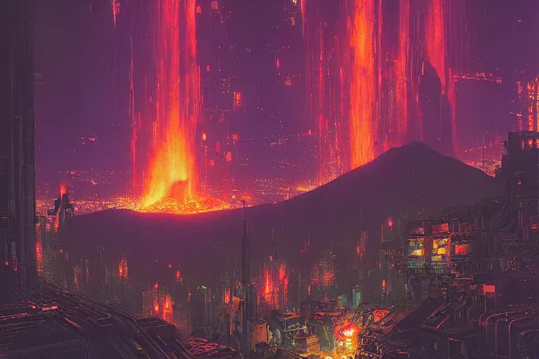 Image similar to a cyberpunk city in the heart of a volcano, lava flowing, smoke, fire, industrial, by paul lehr