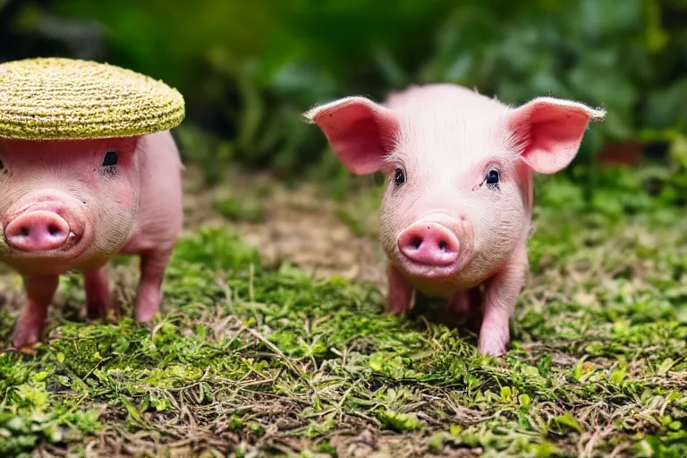 Image similar to a miniature pig wearing a sunhat!!! garden! hyper realistic!! realistic lighting!! wildlife photograph of the year!!! bold natural colors, national geographic, hd, wide angle, 8 k