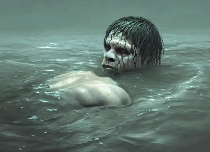 Image similar to a creepy drowned man crawling out of the water, white eyes, slimy, veiny skin, muscles, standing in shallow water, drowned, unsettling, creepy, artstation, cgsociety, illustration