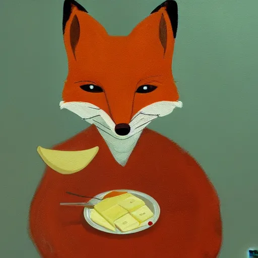 Prompt: an award winning painting of a fox eating cheese on a mountai