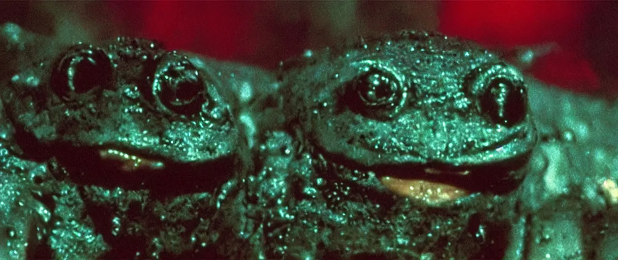 Image similar to Close up of a happy Lepidobatrachus laevis facing the camera in a still from the movie Blade Runner (1982), high quality, rain, rain drops, cold neon lighting, 4k, night, award winning photo, beautiful