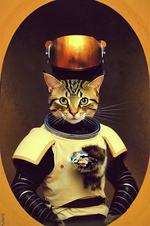 Image similar to portrait of a cat astronaut with japanese samurai armor and helmet, majestic, solemn, by bouguereau