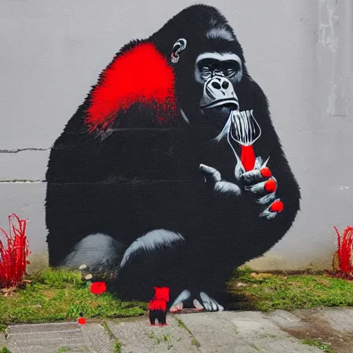 Image similar to gorilla wearing red headphones, holding a amanita muscaria, made by banksy