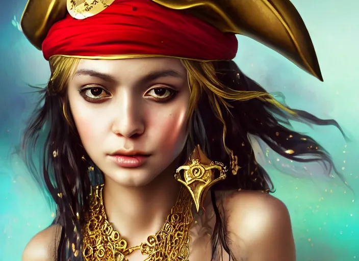 Image similar to full body picture of a pirate girl, hard breathing, messy hair, very excited, sparkling eyes, front of the treasure box, jewels and gold on the background, coveted, beautiful and aesthetic and attractive and detailed face, specular reflection, occlusion shadow, intricate, bokeh, masterpiece, by ilya kuvshinov and ross tran and quentin mabille