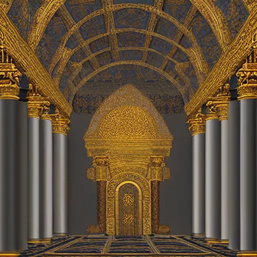 Image similar to Digital art of the throne room Byzantine Imperial matte finish, ominous dramatic wide angle, god rays