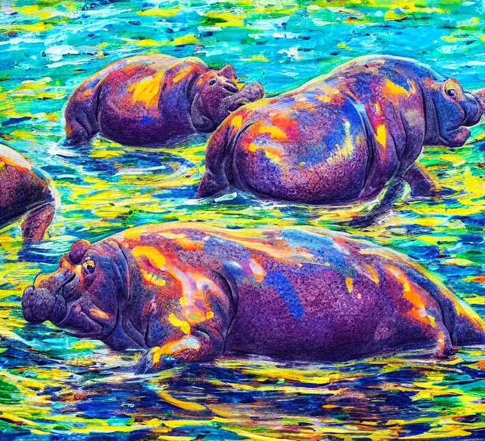 Image similar to a shallows with hippopotamuses. in a neo - figurative art style. using action painting.