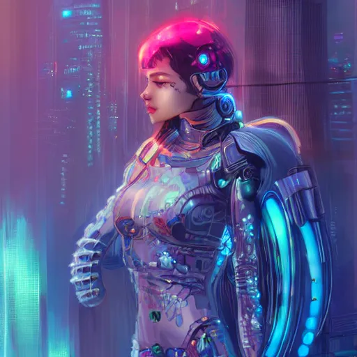 Image similar to portrait futuristic Cyber warrior Girl, in future cyberpunk tokyo rooftop , ssci-fi, fantasy, intricate, very very beautiful, elegant, neon light, highly detailed, digital painting, artstation, concept art, smooth, sharp focus, illustration, art by alphonse mucha and tian zi and WLOP