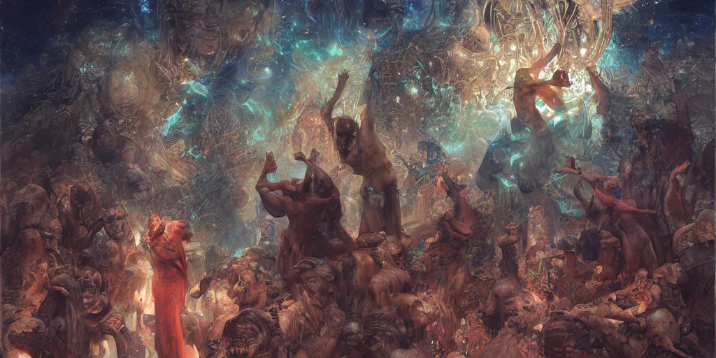 Image similar to supernova, stone jungles, people praying with hands up to the sky, stars, painted by steve mccurry, ruan jia, raymond swanland, lawrence alma tadema, zdzislaw beksinski, norman rockwell, jack kirby, tom lovell, alex malveda, greg staples