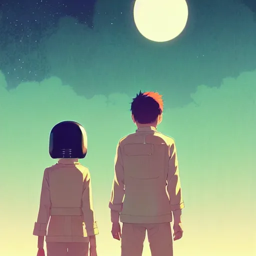 Image similar to portrait of boy and girl with astronaut helmets by ilya kuvshinov, cloudy sky background lush landscape ln illustration concept art anime key visual trending pixiv by victo ngai fanbox by greg rutkowski makoto shinkai takashi takeuchi studio ghibli