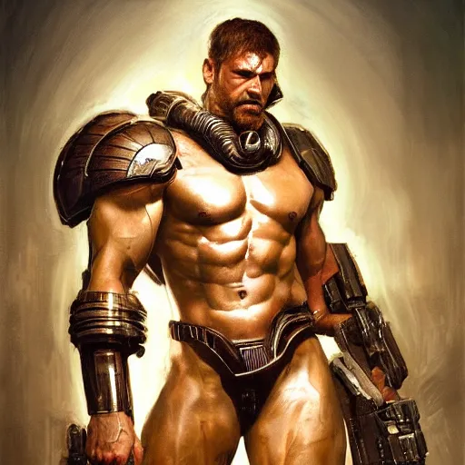 Prompt: handsome portrait of a spartan guy bodybuilder posing, radiant light, caustics, metal gear solid, ghost in the shell, by gaston bussiere, bayard wu, greg rutkowski, giger, maxim verehin