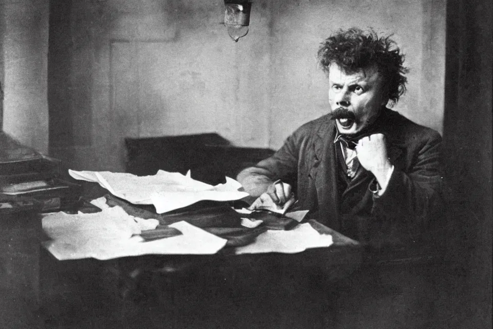 Image similar to wet plate photograph, august strindberg angry shouting and throwing papers and banging his fist on a secretary desk in a small messy viennese apartment, night time, alone, lamplight, victorian era, depth of field, very detailed, cigarette smoke, highly accurate, intricate