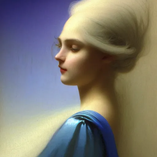 Image similar to a young woman's face, her hair is white and she wears a cobalt blue satin cloak, by ivan aivazovsky and syd mead and moebius and gaston bussiere and roger dean and pieter claesz and paul delaroche and alma tadema and aelbert cuyp and jean giraud, hyperrealistic, volumetric light, octane render