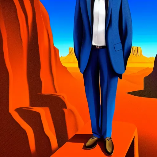 Prompt: ultra realistic portrait ofa man in suit in a studio, ultra detailed, under blue, red and yellow cinematic lighting, escher, cartoon, monument valley, salvador dali