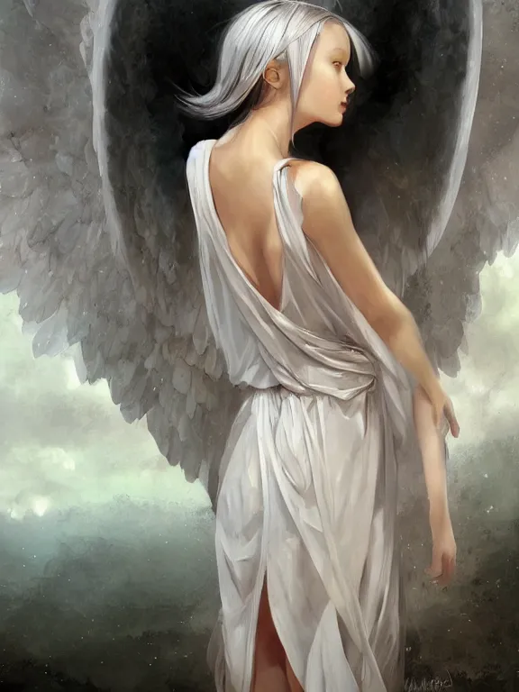 Prompt: classical oil painting of an angel wearing see through white dress by marc simonetti, beautiful anime portrait, official artwork, stylistic, brush strokes, oil, canvas