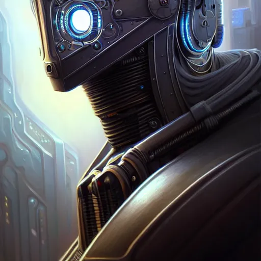 Image similar to low angle portrait shot of a cyberpunk gazmask robot character, intricate, elegant, highly detailed, centered, digital painting, artstation, concept art, smooth, sharp focus, illustration, artgerm, Tomasz Alen Kopera, Peter Mohrbacher, donato giancola, Joseph Christian Leyendecker, WLOP, Boris Vallejo