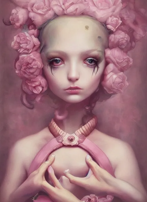 Image similar to pop surrealism, lowbrow art, realistic seductive cute woman painting, pink body harness, hyper realism, muted colours, rococo, natalie shau, loreta lux, tom bagshaw, mark ryden, trevor brown style,