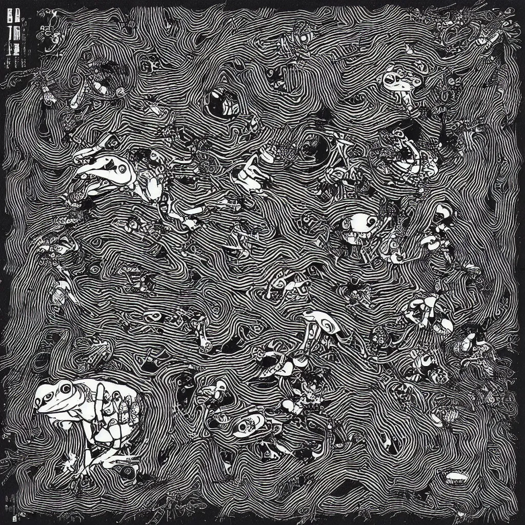 Image similar to toad head, ryuta ueda artwork, breakcore, technical, abstract, interference, computers, vectors, gloom, dimensions, frequency, subtle glitches, frogs, amphibians, geometry, data, minimal, code, cybernetic, album cover, dark, eerie, cyber