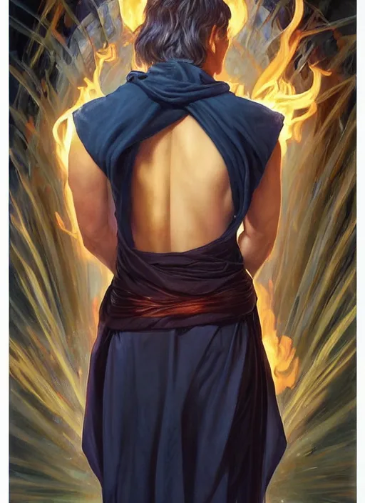 Image similar to young man using fire magic, wearing mages robes, back view, short blond hair, realistic painting by ross tran and gerald brom and alphonse mucha, artgerm, trending on artstation