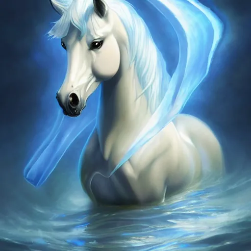 Image similar to a fantastical translucent poney made of water and foam, ethereal, radiant, hyperalism, scottish folklore, digital painting, artstation, concept art, smooth, 8 k frostbite 3 engine, ultra detailed, art by artgerm and greg rutkowski and magali villeneuve